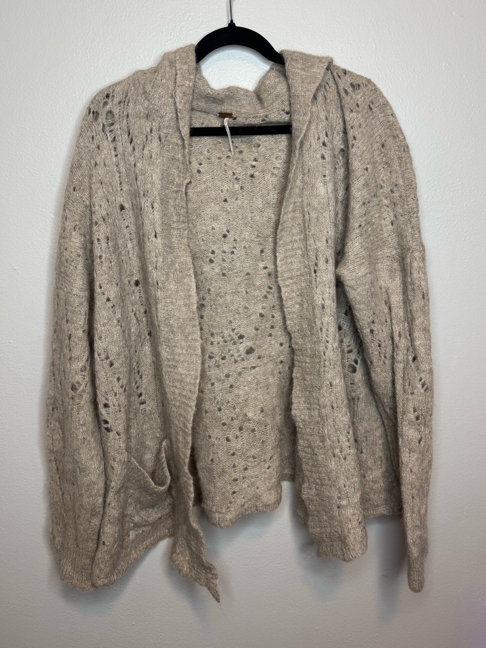 Free People Alpaca Wool Open Knit Distressed Hooded Cardigan Sweater Beige